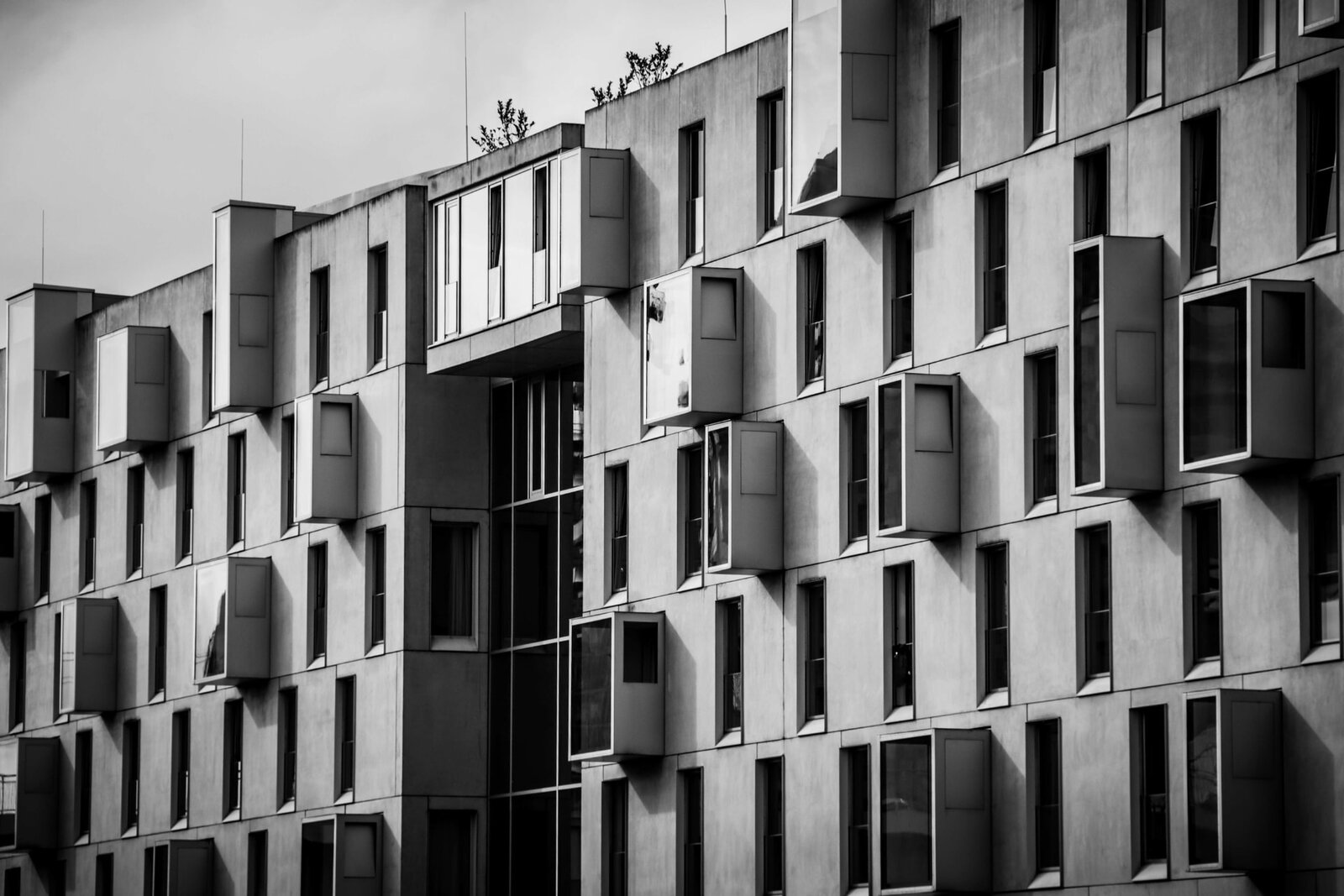 Fassade mit gleichförmigem Fensterraster und vorstehenden Erkern, Schwarz-Weiß.